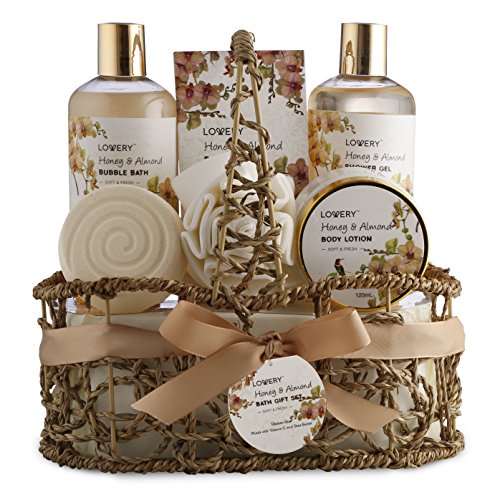 Home Spa Gift Basket - Honey & Almond Scent - Luxury Bath & Body Set For Women and Men With Shower Gel, Bubble Bath, Body Lotion, Bath Salt, Bath Bomb, Bath Puff & Handmade Weaved Basket
