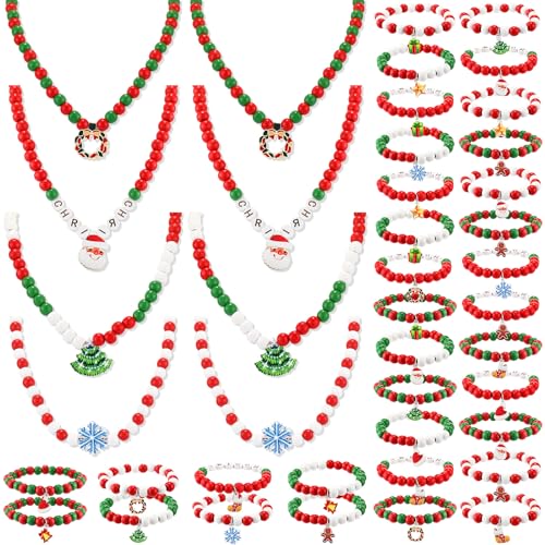 42 Pcs Christmas Friendship Jewelry Set Christmas Wooden Beads Bracelets Necklaces Green and Red Friendship Jewelry Gifts for Women Girls Holiday Gift Party