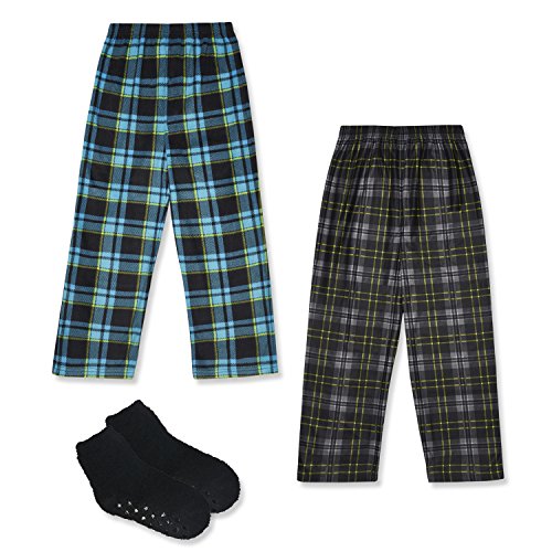 Mad Dog Concepts 2-Pack Boys Pajama Pants - Soft Fleece PJ Bottoms for Kids - Plaid Lounge Pants with Slipper Socks - Size: 10-12, Blue/Black Plaid