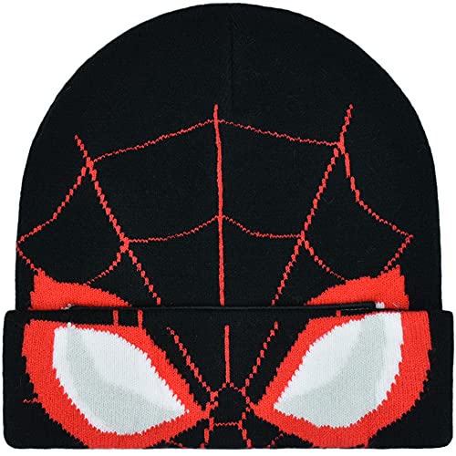 Marvel Spider-Man Miles Morales Roll Down Cuff Beanie Hat, Knitted Winter Skull Cap, Black/Red, One Size
