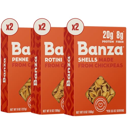 Banza Chickpea Pasta, Variety Pack (2 Penne Pasta/2 Rotini Pasta/2 Pasta Shells) - Gluten Free Healthy Pasta Noodles, High Protein Pasta, Lower Carb and Non-GMO Pasta Noodle - 8 oz (Pack of 6)
