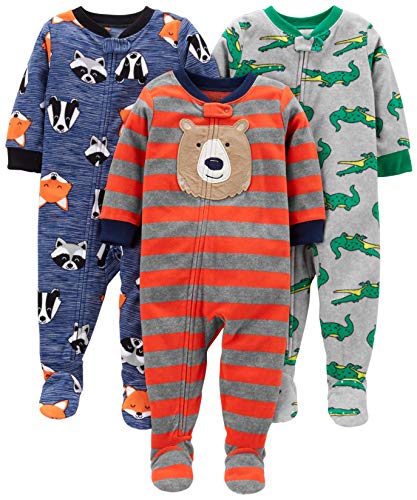 Simple Joys by Carter's Baby Boys' Loose-Fit Flame Resistant Fleece Footed Pajamas, Pack of 3, Blue Fox/Grey Crocodile/Orange Bear, 24 Months