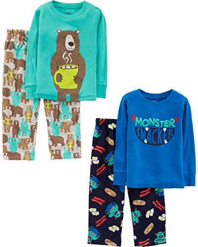Simple Joys by Carter's Boys' 4-Piece Pajama Set (Cotton Top & Fleece Bottom), Blue/Bear/Green/Monster, 7