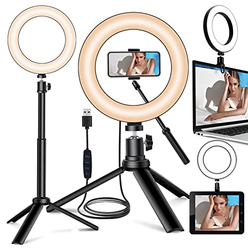 JIOZER,Selfie Ring Light for Zoom Meeting, Dimmable Desktop LED Circle Light with Tripod Stand, 6'' Lighting Kit Gifts for Live Streaming/Laptop Video Conference/Makeup/YouTube/Vlog/Video Recording