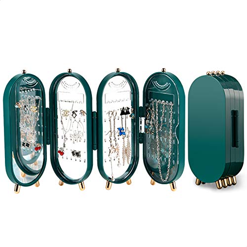 Lejesth Foldable Earring Holder Jewelry Organizer Box with Mirror, 4-Layer Dustproof Earring Necklace Display Stand Jewelry Box with 153 Holes for Women and Girls, Gifts for Girl (Green)