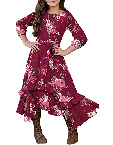 KYMIDY Girls Floral Maxi Dress Kids 3/4 Sleeve Boho Casual Pocket Ruffle Swing Dresses with Belt for Girls, Wine, 8 Years