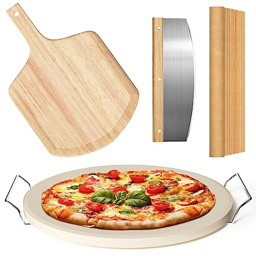 5 PCS Round Pizza Stone Set, 13' Pizza Stone for Oven and Grill with Pizza Peel(OAK),Serving Rack, Pizza Cutter & 10pcs Cooking Paper for Free, Baking Stone for Pizza, Bread