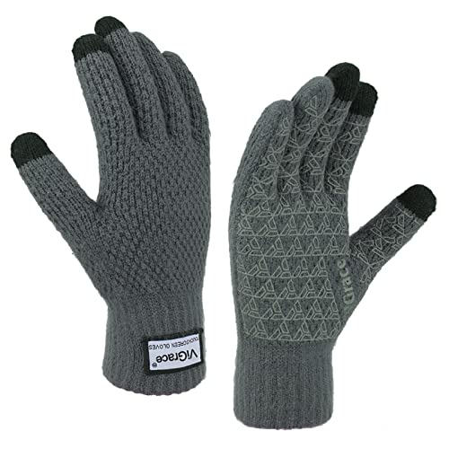 ViGrace Winter Warm Touchscreen Gloves for Men and Women Touch Screen Fleece Lined Knit Anti-Slip Wool Glove (Gray, Medium)