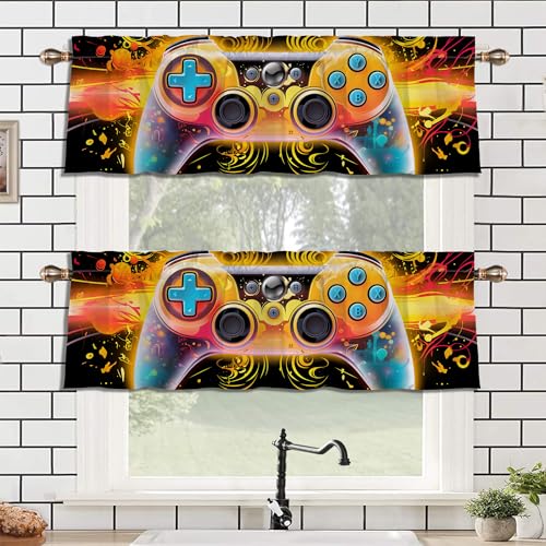 LHROOMJK Gamepad Decor Kitchen Valance for Window, Colorful Game Controller Treatment 2 Panel x 54' W x 18' L for Bedroom Living Room,Rod Pocket Short Curtains for Bathroom Cafe