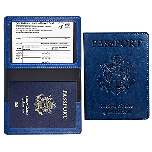Doulove Passport and Vaccine Card Holder Combo, Passport Holder with Vaccine Card Slot, Pu Leather Passport Cover Case for Women Men, Dark Blue