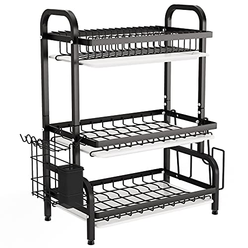 1Easylife Dish Drying Rack, 3 Tier Dish Rack with Tray Utensil Holder, Large Capacity Dish Drainer with Cutting Board Holder Drain Board Tray for Kitchen Counter Organizer Storage (Black)