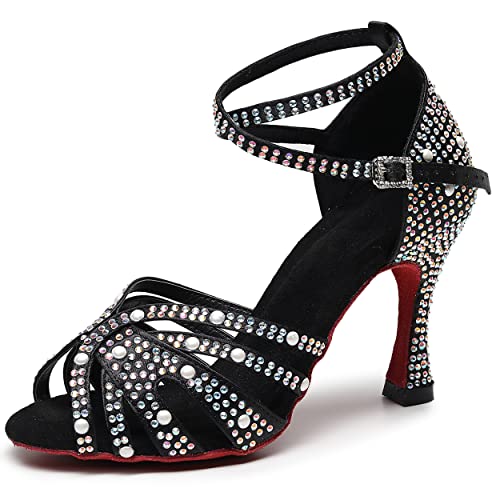 BREXLI Ballroom Dance Shoes Women’s Rhinestone Salsa Latin Bachata Practice Performance Dancing Shoes Black 8.5