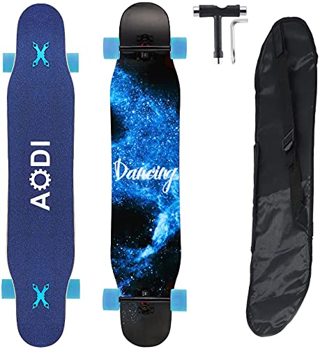 AODI 46 Inch Freeride Longboard Skateboard - Complete Cruiser Skateboards Canadian Maple Double Kick Concave Dance Board with LED Wheels for Cruising, Carving, Downhills