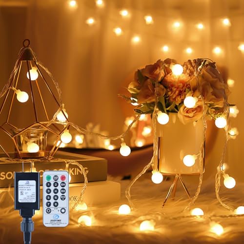 Globe String Lights, 59FT 100 Led Fairy Lights Plug In 8 Modes With Remote Control Waterproof Outdoor Indoor String Lights, Fairy Lights for Bedroom, Garden, Party, Wedding, Christmas Decor Warm White