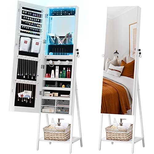 SICOTAS Jewelry Armoire Full Length Mirror with Storage Mirror Jewelry Cabinet Standing LED Lights Lockable Mirror with Jewelry Storage Makeup Mirror Jewelry Organizer Box with Drawers Shelves (White)