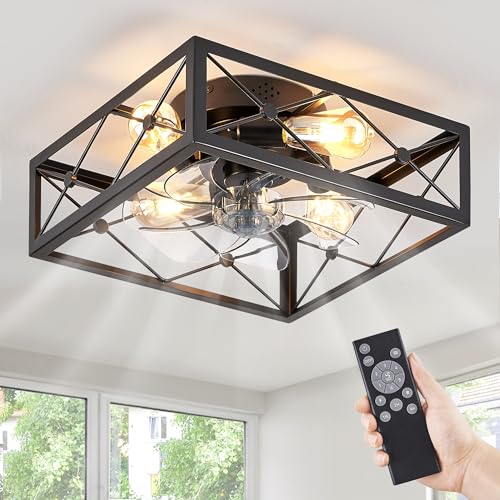LEDIARY 22' Caged Flush Mount Ceiling Fans with Lights and Remote, Black Square Low Profile Ceiling Fan, Small Farmhouse Bladeless Ceiling Fan for Bedroom, Kitchen, Indoor