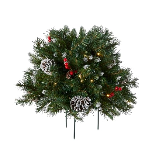 National Tree Company National Tree 18 Inch Frosted Urn Filler with Cones, Red Berries, Tripod Stake and 35 Warm White Battery Operated LED Lights with Timer (FRB-300-18U-B), 18'