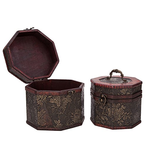 THY COLLECTIBLES Vintage Style Embossed Flower Pattern Wooden Octagon Jewelry Treasure Box Storage Organizer Trinket Keepsake Chest Set of 2