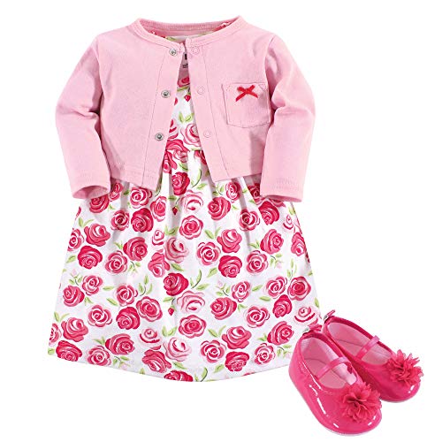 Hudson Baby baby girls Cotton Dress, Cardigan and Shoe Set Casual Dress, Pink Roses, 12-18 Months US