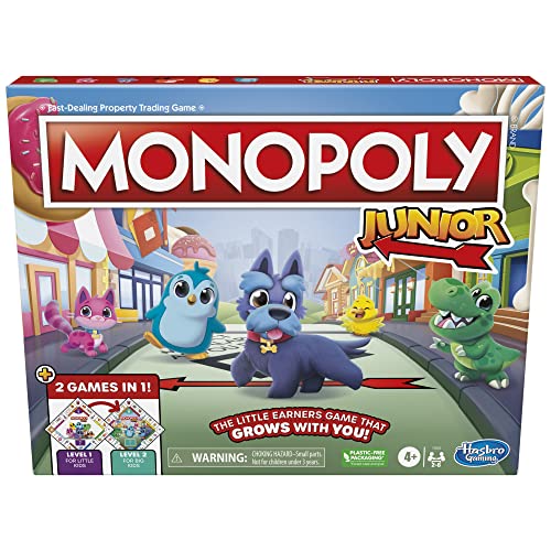 Hasbro Gaming Monopoly Junior Board Game, 2-Sided Gameboard, 2 Games in 1, Monopoly Game for Younger Kids Ages 4 and Up, Kids Games for 2 to 6 Players