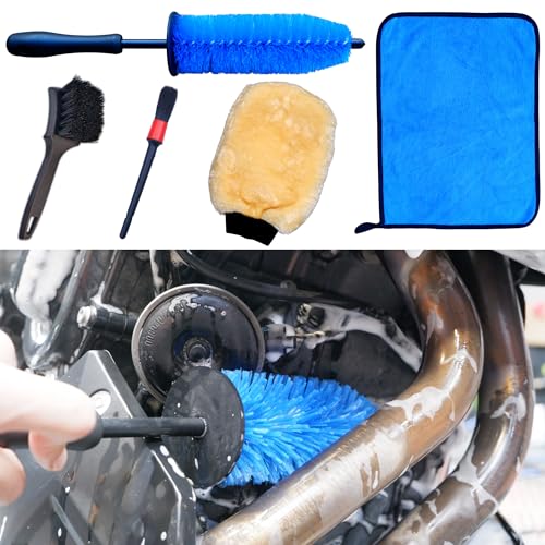 Motorcycle Cleaning Brush Kit 5 Pack, Easy Reach Brush, Wool Wash Mitt, Stiff Tire Brush, Detailing Brush& Microfiber Towel for Motorcycle Mudguard, Rims, Paint, Exhaust, Frame Detail Cleaning Product