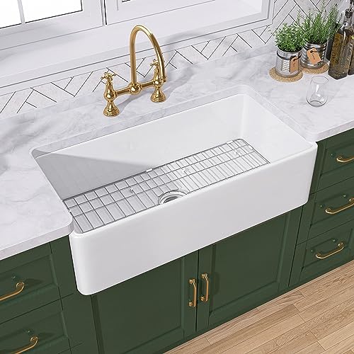 TUKTUK White Farmhouse Sink 36 Inch Fireclay Apron Front Farm Sink Single Bowl Kitchen Sinks Deep Large Capacity Porcelain Ceramic Sink Undermount Luxury Bottom Grid & Strainer Drain Included