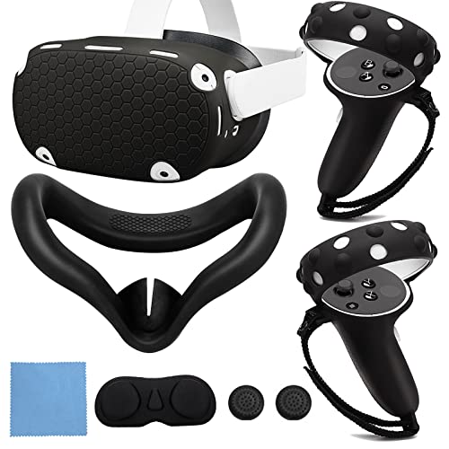 Silicone Cover Set for Oculus Quest 2, VR Protective Cover Include Front Shell Cover and Controller Grip Cover, Face Cover, Lens Protector Cover, Shakes Stick Caps Red (Black)