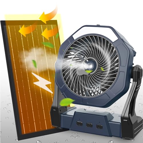 Ausic 10W Solar Misting Fan, Camping Fan Portable with Solar Panel & 250ml Water Tank, 10000mAh 8 Inch Battery Operated Rechargeable Cooling Fan with Hook, Outdoor Tent Fan for Travel Patios