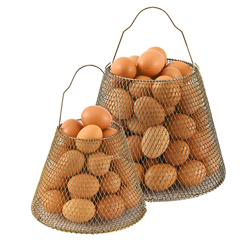 GeoMont Egg Baskets For Gathering Fresh Eggs, Vintage Style Collapsible Baskets, Wire Basket With Handle, Suitable for Farmhouse, Chicken Coop Accessories, and Kitchen Storage, Set of 2(Golden)
