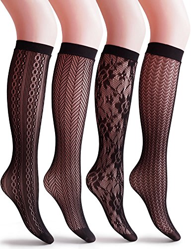 VERO MONTE 4 Pairs Women's Patterned Fishnet Knee High Socks (Black) 41625