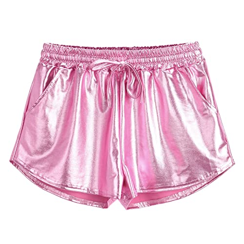 Women's Yoga Hot Shorts Shiny Metallic Pants with Elastic Drawstring Sparkly Comfy Stretch Mid Waist Trendy Shorts