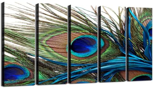 Wall Art for Living Room Bedroom Decoration Peacock Painting Canvas Print Framed Art Animal Feather Plume Modern Art for Office Wall Décor Teal Blue Green 5 Panels