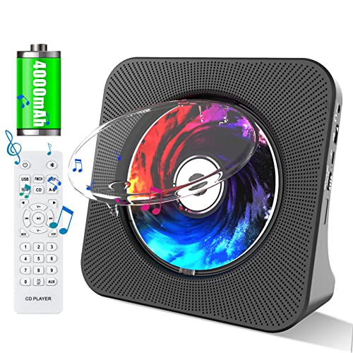 Fohil Portable CD Player with Bluetooth, 4000mAh Rechargeable Desktop CD Music Player for Home with Built-in Double HiFi Sound Speakers, Battery LED Screen CD Player Support AUX&USB FM Radio