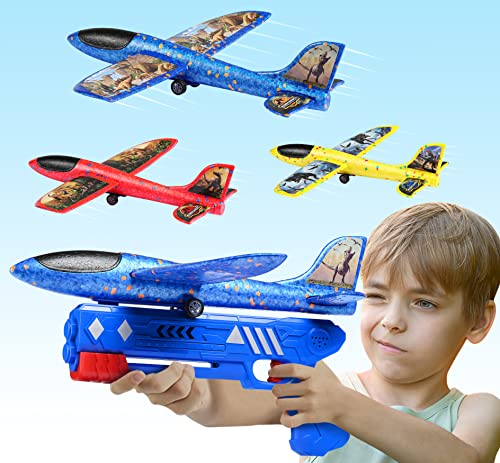 Elctbras 3 Pack Airplane Launcher Toy, Foam Glider Planes for Kids with 2 Flight Mode, Catapult Plane Toys with 3 DIY Stickers, Outdoor Sport Flying Toys for 4 5 6 7 8 9 10 Year Old