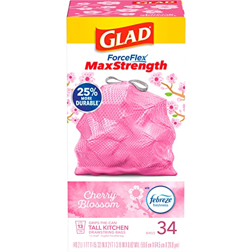 Glad ForceFlex MaxStrength Tall Kitchen Drawstring Trash Bags, 13 Gallon, Cherry Blossom with Febreze Freshness, 34 Count