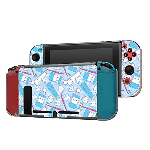 Dockable Case Compatible with Switch Console and Joy-Con Controller, Patterned ( Teeth, Toothpaste, Toothbrush Doodle ) Protective Case Cover with Tempered Glass Screen