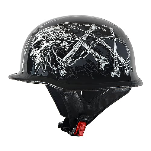 1Storm Novelty Motorcycle Half Face Helmet Open German Style DOT Approved: HKY602 Chain Skull