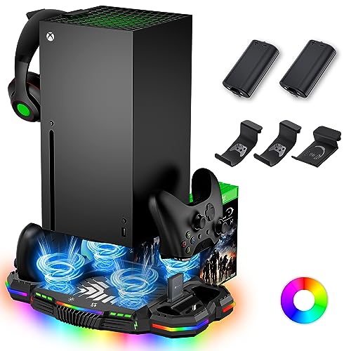 RGB Charging Stand with Cooling Fan for Xbox Series X, Vertical Dual Controller Charger Station Dock & Cooler System with 13 LED Lights, 2 Rechargeable Battery & 3 Accessories Holder for Xbox Series X