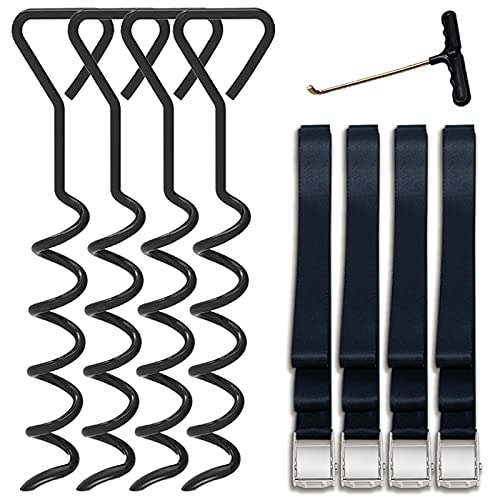 Eurmax USA Trampoline Stakes Trampoline Anchors High Wind Heavy Duty Corkscrew Shape Steel Tent Stakes Trampoline Tie Downs Anchor Kit with T Hook for Trampoline - Set of 4 Bonus 4 Strong Belt,Black