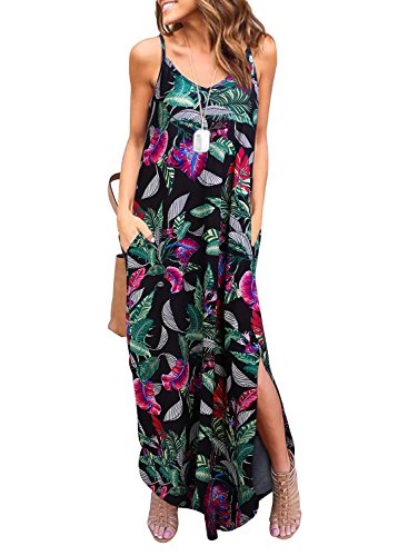 HUSKARY Summer Maxi Dress for Women Spaghetti Strap Long Cami Maxi Dresses with Pocket Hawaiian Leaves Dresses with Pocket