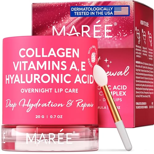 MAREE Lip Mask - Overnight Collagen Lip Scrub with Hyaluronic Acid & Coconut Oil to Nourish & Hydrate Dry Cracked Lips - Moisturizer for Care & Treatment with Shea & Cocoa Butters - Sleeping Lip Balm