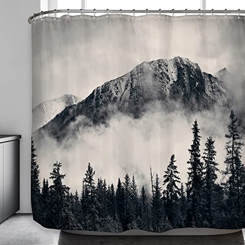 Riyidecor Extra Wide Misty Mountain Clawfoot Tub Shower Curtain 108Wx72H Inch 19 Pack Foggy Tree Metal Hooks Foggy Smokey Scenery Home Decor Tree Outdoor Photo Decor Fabric RY-WHRV