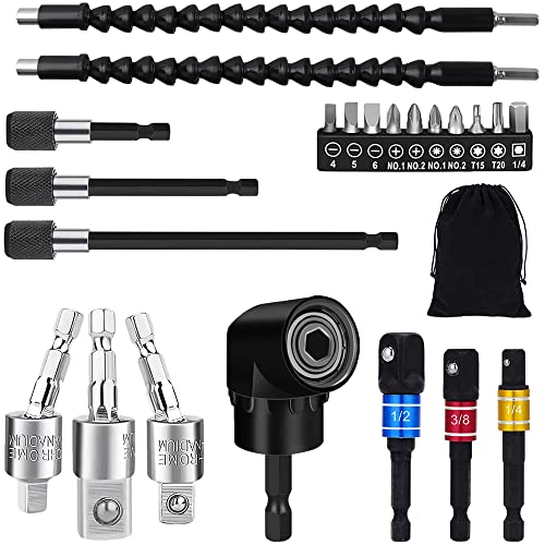 Flexible Drill Bit Extension Set, 105° Right Angle Drill Attachment, 1/4 3/8 1/2' Hex Shank Impact Driver Socket Adapter Rotatable Socket, Bendable Drill Bit Extension and Screwdriver Bit Kit
