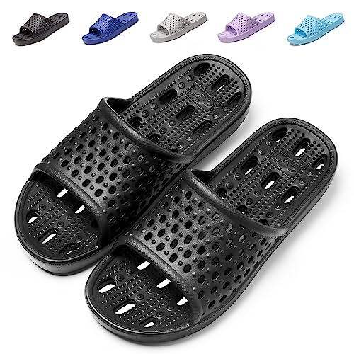 Aoowoll Men Shower Shoes Women Slippers Sandals Non Slip Rubber Flip Flops Bathroom Slides with Holes Pool Unisex Spa Gym Indoor College Dorm (Black 10.5-11 Wide Women/9-9.5 Men)'