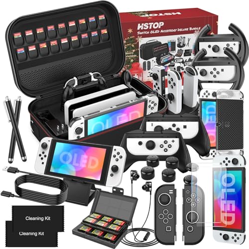 [27 in 1] Switch OLED Accessories Bundle for Switch OLED Model Upgraded 2023, OLED Carrying Storage Case, Dockable OLED Protective Case, OLED Screen Protector & More, Gift Kit for Christmas, Black