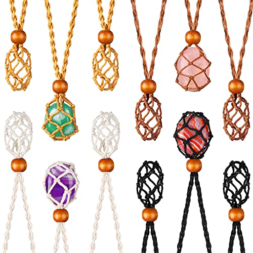 Hicarer 12Pcs Crystal Cage Necklace Holder Necklace Cord Empty Stone Holder Pendant Stone Holder Replacement Hand-woven Necklace Cord with Adjustable Length (Black, Ginger, Brown, Beige, 1.57'')