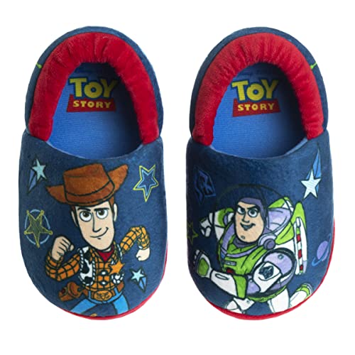 Disney Toy Story Slippers - Buzz Lightyear and Sheriff Woody Fuzzy PJ House Shoes - Boys Pajama Indoor Warm Slipper - Navy Blue/Red (size 7-8 Toddler)