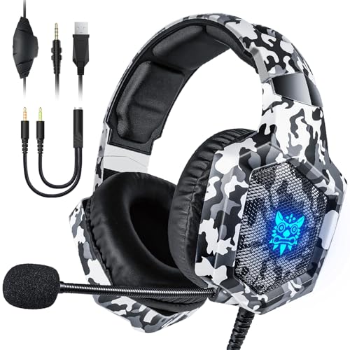 Gaming Headset with Microphone, Gaming Headphones for PS4 PS5 Xbox One PC with LED Lights, Playstation Headset with Noise Reduction 7.1 Surround Sound Over-Ear and Wired 3.5mm Jack (White)