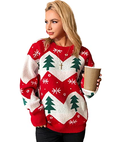 Honwenle Women's Ugly Christmas Sweater Funny Cute Christmas Tree Snowflake Reindeer Santa Claus Snowman Bear Xmas Holiday Crewneck Long Sleeve Knitted Pullover Jumper Tops Red