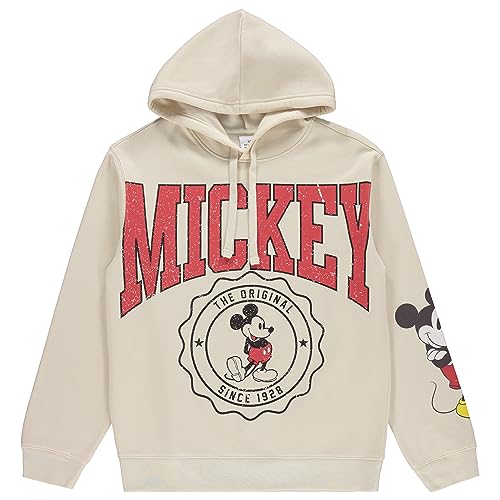 Disney Ladies Mickey Mouse Fashion Hoodie Mickey and Minnie Mouse Classic Oversize Print Hoodie Sweatshirt (Cream, Medium)